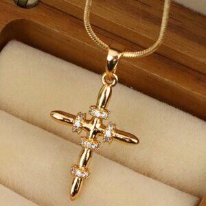 "Rose Gold Cross Pendant with CZ Ring Accents in Modern Sleek Style, XPPT1819